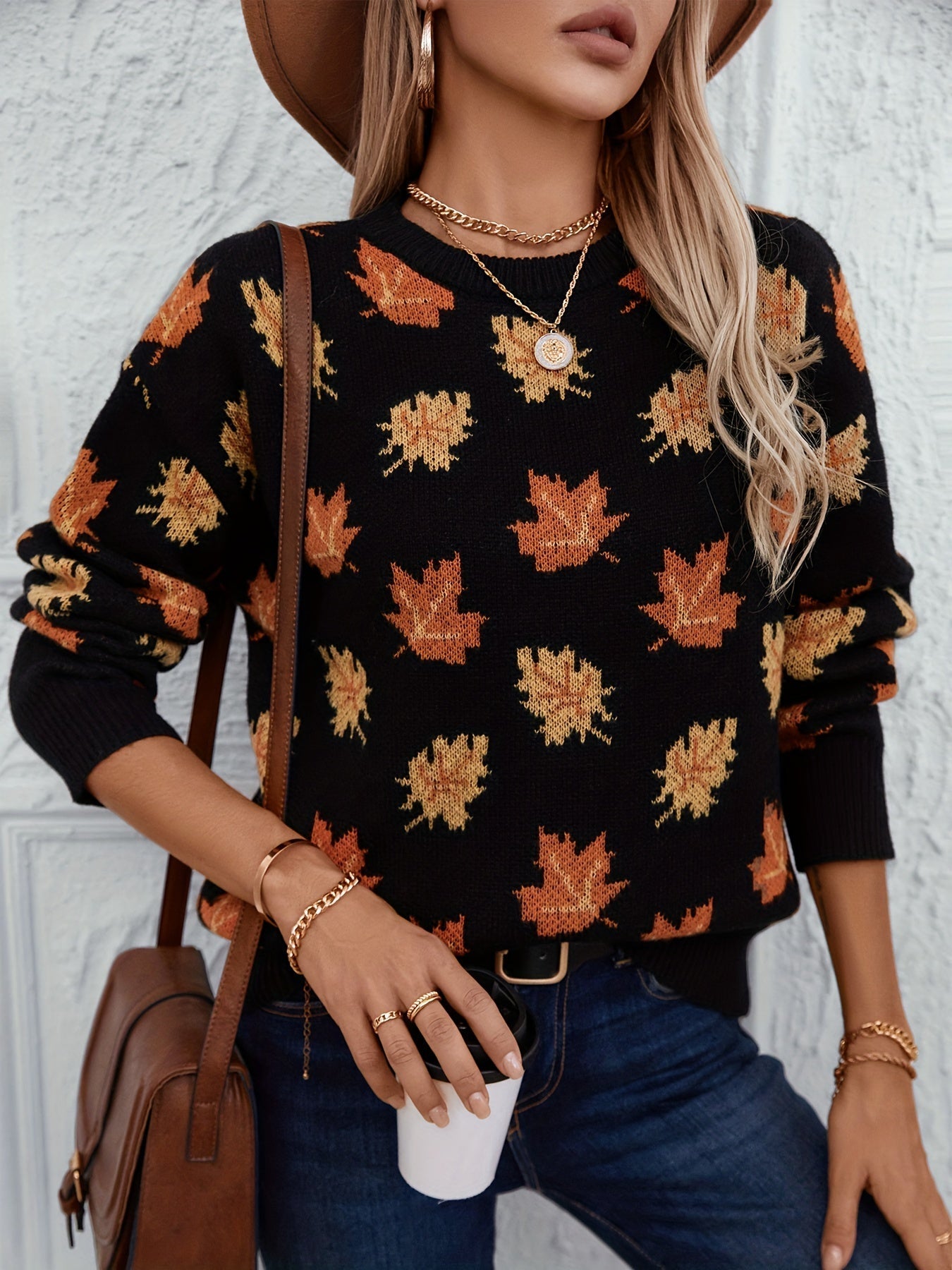 Jumper with Maple Leaf Print for Women